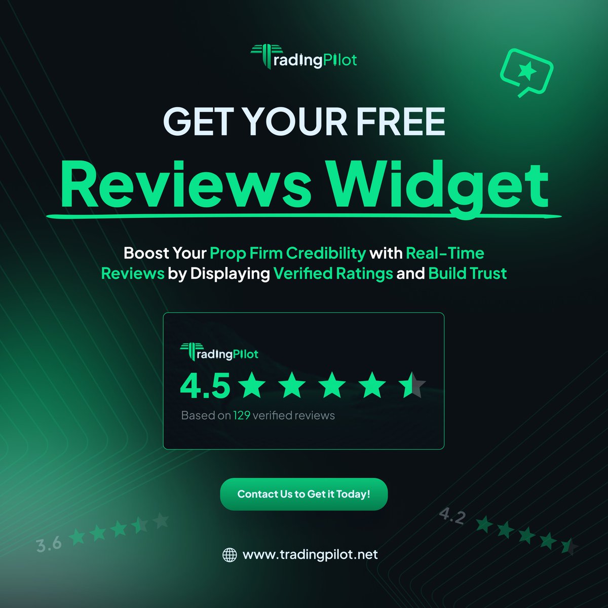 Reviews Widget! ✅

Showcase verified ratings and build trust directly on your prop firm’s website.

Boost credibility, attract more clients, and stand out from the competition.

📩 Contact us to get it today!