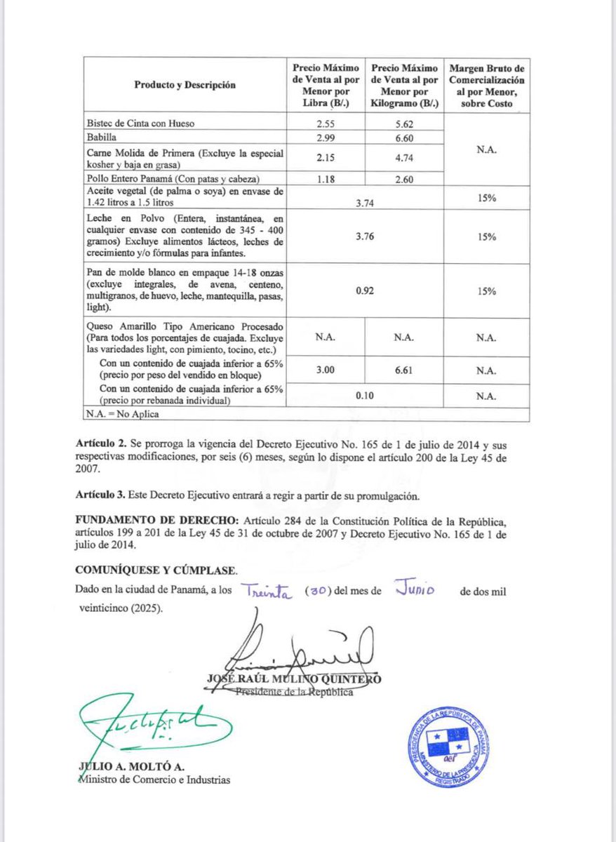 El Gobierno Nacional extiende por seis meses el control de precios para ocho productos esenciales de la canasta básica, con el objetivo de proteger el poder adquisitivo de las familias panameñas y asegurar el acceso a alimentos a precios justos. #conPasoFirme🇵🇦