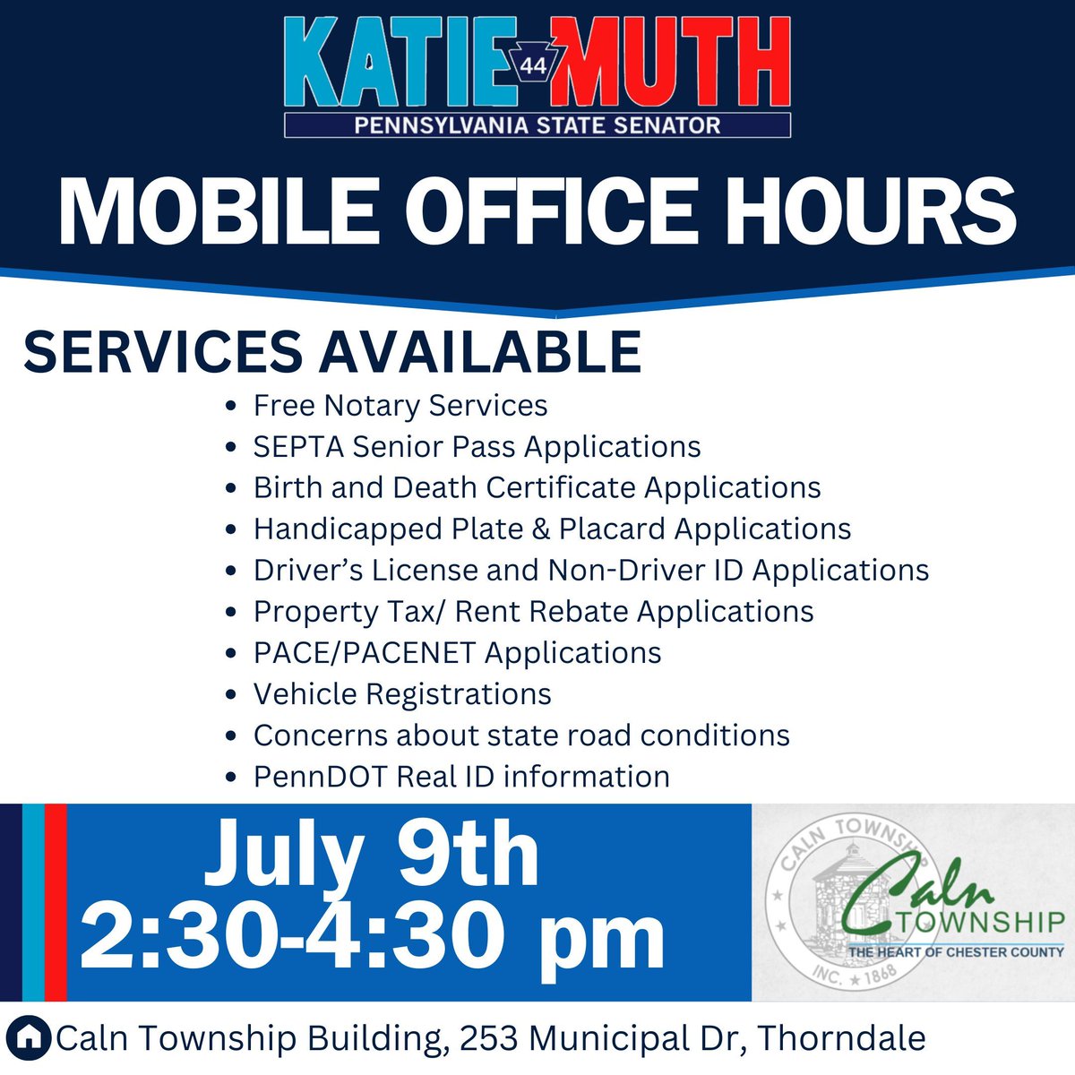 A member of my team will be at the Caln Township building today from 2:30-4:30 pm for mobile office hours! 

👋🏼 Stop by if you need assistance with any of the state government services listed below, or if you have a question or concern that you would like to speak with us about!