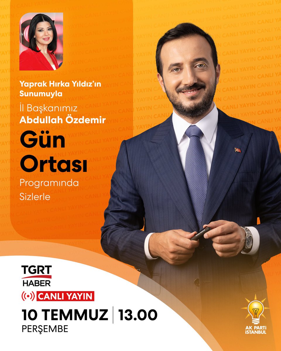 İl Başkanımız <a href="/abdullahozdemir/">Abdullah Özdemir</a>, kentsel dönüşüm ve ulaşım başta olmak üzere İstanbul’un öncelikli meselelerini canlı yayında değerlendirecek. 

🗓️ 10 Temmuz Perşembe 
🕐 13:00
📺 TGRT Haber – Gün Ortası Programı