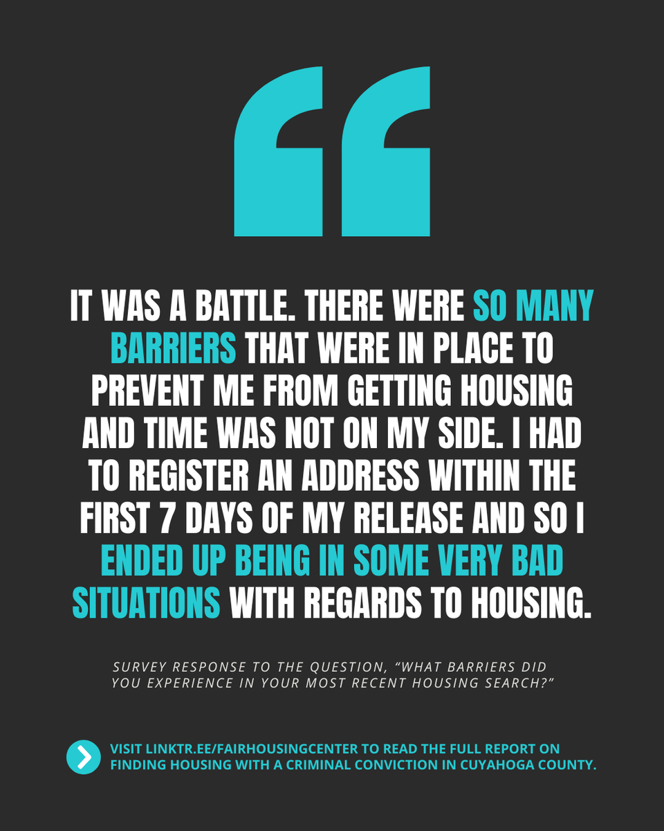 housingcenter's tweet image. As part of a recent study, we asked residents with criminal convictions, "What barriers did you experience in your most recent housing search?"
Read the full report on experiences of finding housing with a criminal conviction in Cuyahoga County: tinyurl.com/36apvxdu