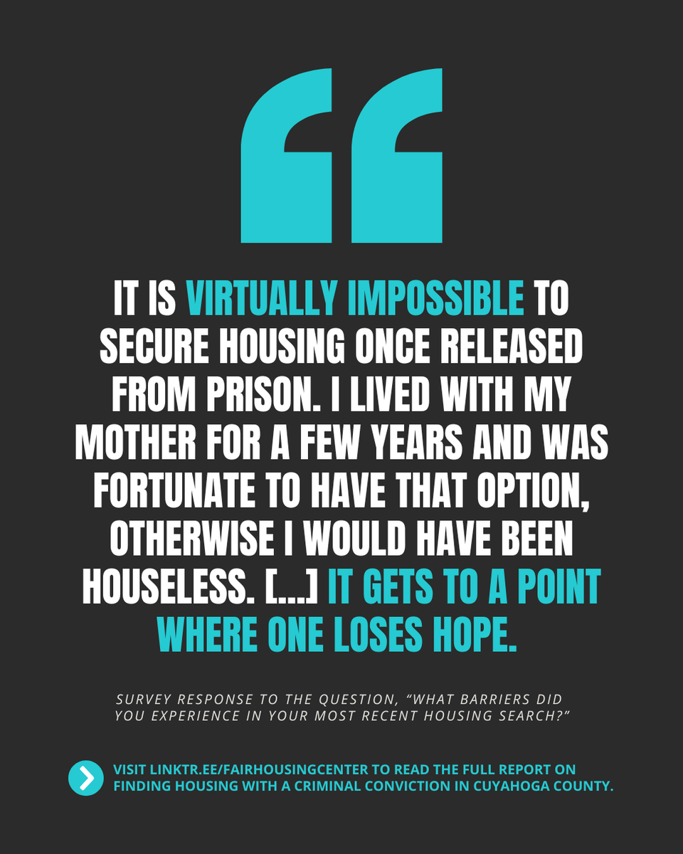 housingcenter's tweet image. As part of a recent study, we asked residents with criminal convictions, "What barriers did you experience in your most recent housing search?"
Read the full report on experiences of finding housing with a criminal conviction in Cuyahoga County: tinyurl.com/36apvxdu