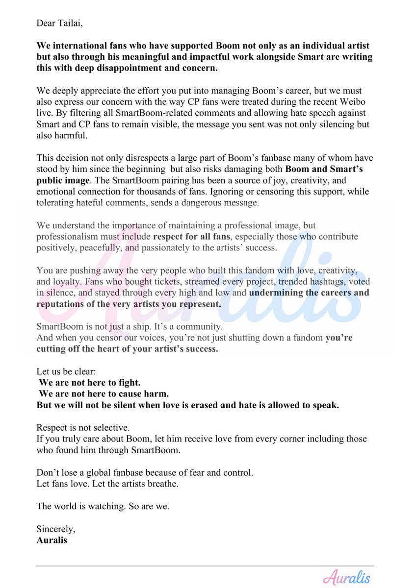 📩 An open letter to Tailai
As fans who have supported Boom and Smart with love and loyalty, we cannot stay silent. This letter speaks for thousands of us around the world. Please read and hear our voices.
<a href="/Tailai_ENT/">TaiLai_ENT</a> 
#Auralis #SmartBoom