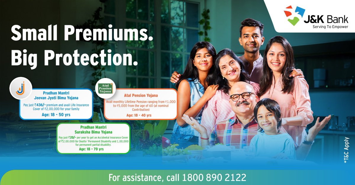 With schemes like PMJJBY, PMSBY and APY, J&amp;K Bank is helping you and your loved ones stay protected, whether it’s through life cover, accident insurance, or old-age pension.

Enroll easily through your nearest branch and take a step toward financial security today.

#JKBank