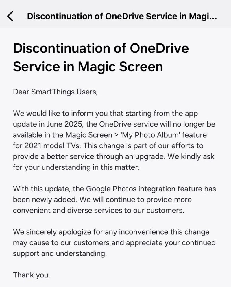 🖼️ أعلنت شركة Samsung عن استبدال مزامنة Microsoft OneDrive في ميزة Magic Screen بأجهزة تلفزيون QLED لعام 2021 بخدمة Google Photos.
سيؤدي هذا التحديث إلى تسهيل عرض الصور من Google Photos مباشرة على التلفزيون، مما يلغي الحاجة إلى نقلها يدويًا.
لم تقدم Samsung سببًا واضحًا لهذا
