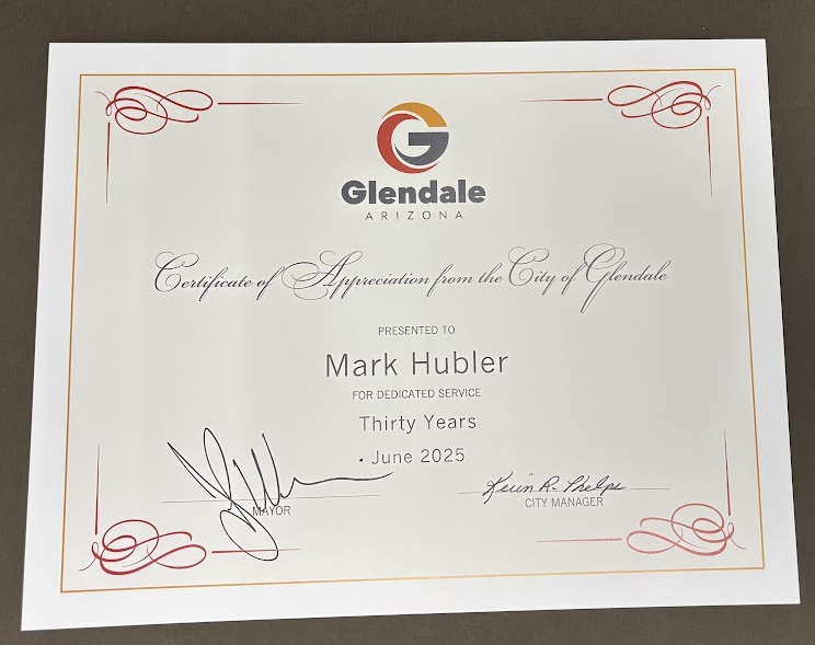 Honoring 30 Years of Service – Deputy Chief Mark Hubler! 🎉 Congrats on your Certificate of Appreciation for 30 years with the Glendale Fire Department. Your leadership has made a lasting impact! Thank you, Chief! #GlendaleFire #Leadership