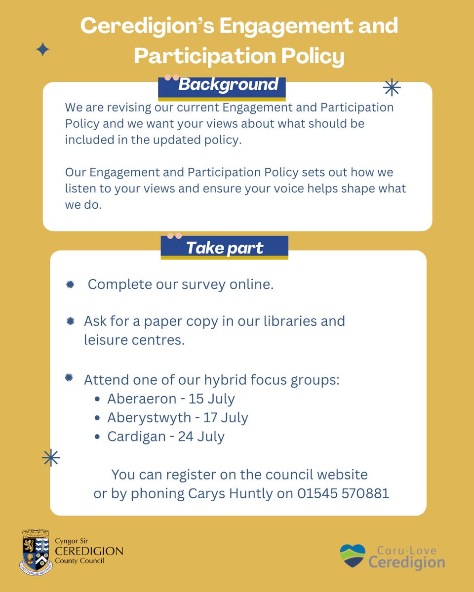 We're reviewing our Engagement and Participation Policy - share your views!

To register for one of the sessions, visit 👉 forms.cloud.microsoft/Pages/Response…

✍️To share your views online or for any other information visit ceredigion.gov.uk/resident/news/…

📅Closing date 👉 31 August, 2025.