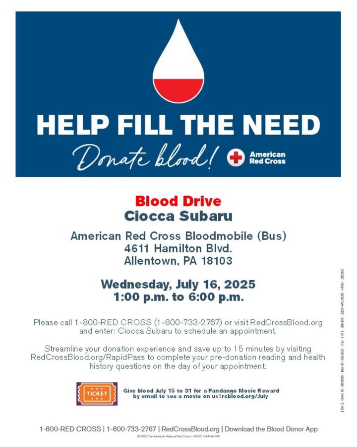 Ciocca Subaru of Allentown is excited to partner with the American Red Cross for our annual Blood Drive this July 16th from 1p-6p!

Please join us! One donation can impact up to three people in need!
redcrossblood.org/give.html/driv…

#cioccaonsocial #blooddrive #allentown #subaru