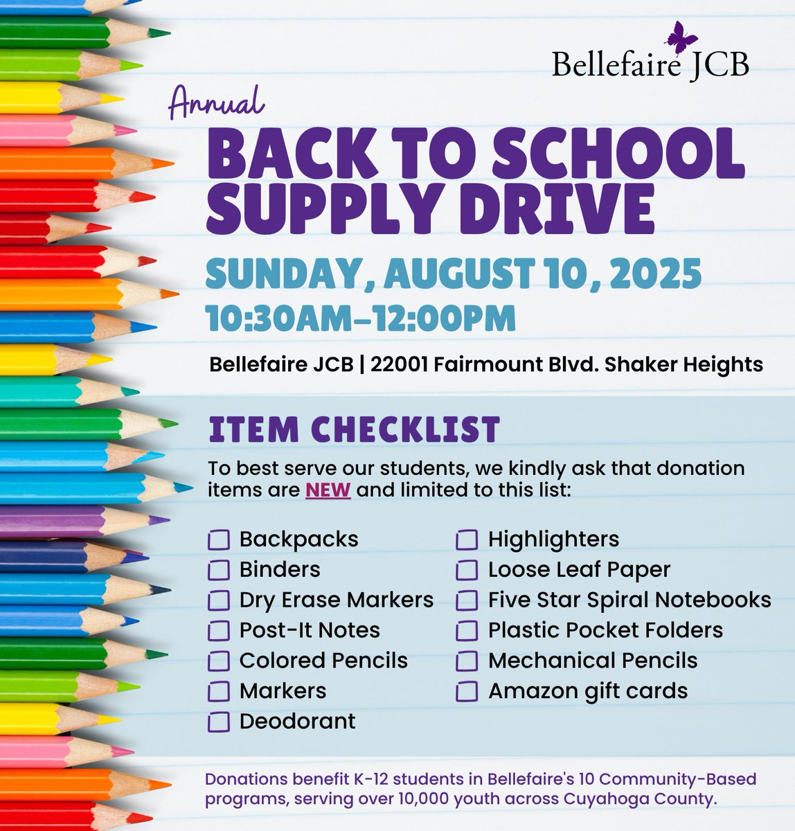 Save the Date! ✏️ Bellefaire’s Annual Back to School Supply Drive is on Sunday, August 10th from 10:30 AM – 12:00 PM! 

Can’t attend but still want to support?
To donate: bellefairejcb.org/donate

Shop our Amazon Wish List: amazon.com/hz/wishlist/ls…