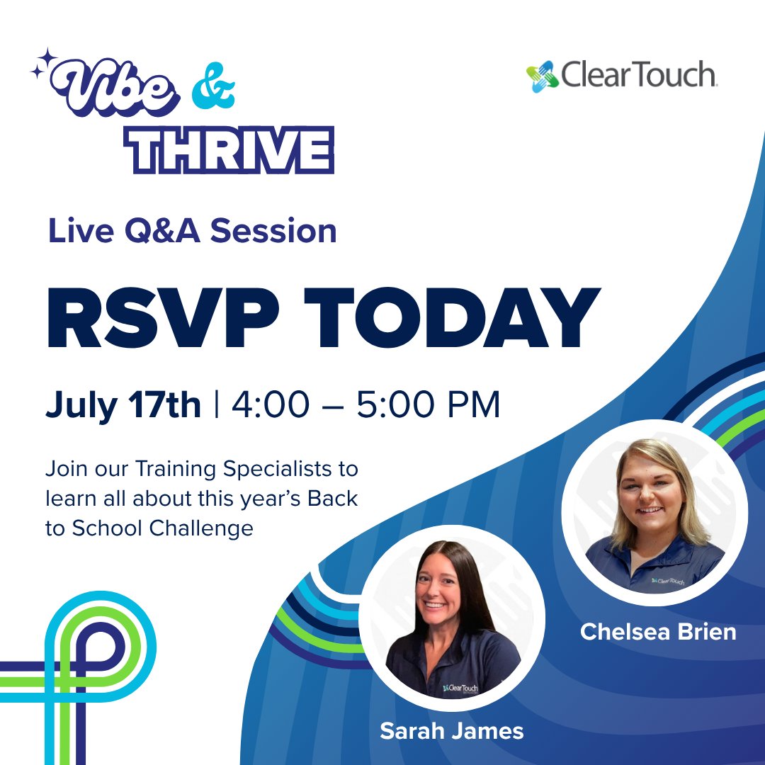 🚨 Educators! LIVE Q&amp;A Alert! 🚨

Join the Clear Touch PD team for our "Vibe &amp; Thrive" Back to School Challenge Q&amp;A! 🎒 Get answers on mental health &amp; tech tips to prep for a low-stress August. Challenge runs July 14 - Sept 12! 

🔗 ow.ly/YcUN50Wn2G0