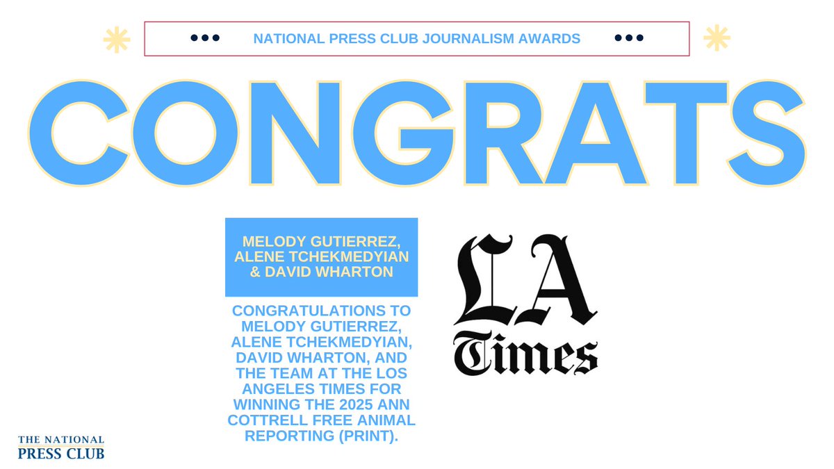 National Press Club (@pressclubdc) on Twitter photo .<a href="/MelodyGutierrez/">Melody Gutierrez</a>, <a href="/AleneTchek/">Alene Tchekmedyian</a>, and David Wharton of the <a href="/latimes/">Los Angeles Times</a> have won the 2025 Ann Cottrell Free Animal Reporting Award (Print). Congratulations, Melody, Alene, and David! #journalismawards .<a href="/MelodyGutierrez/">Melody Gutierrez</a>, <a href="/AleneTchek/">Alene Tchekmedyian</a>, and David Wharton of the <a href="/latimes/">Los Angeles Times</a> have won the 2025 Ann Cottrell Free Animal Reporting Award (Print). Congratulations, Melody, Alene, and David! #journalismawards