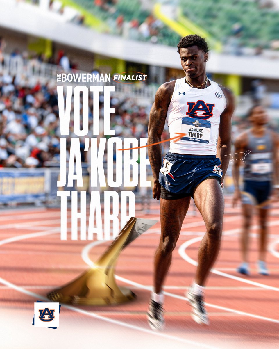 Auburn Track & Field (@auburntfxc) on Twitter photo The Bowerman finalist. Time to vote.
Fan voting for <a href="/thebowerman/">The Bowerman</a> is now open and closes Thursday, July 10, at 1 pm CT.
Go and cast your vote for JaโKobe Tharp
Vote here: auburntige.rs/44odGfS
#WarEagle The Bowerman finalist. Time to vote.
Fan voting for <a href="/thebowerman/">The Bowerman</a> is now open and closes Thursday, July 10, at 1 pm CT.
Go and cast your vote for JaโKobe Tharp
Vote here: auburntige.rs/44odGfS
#WarEagle