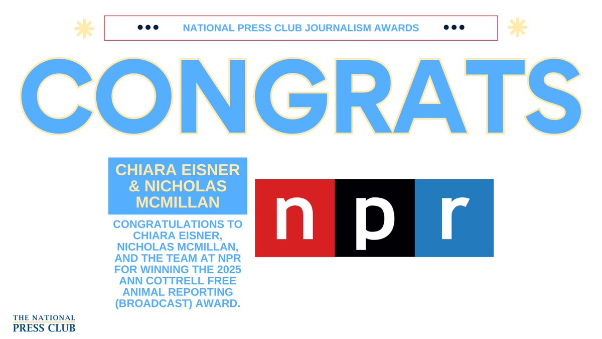 National Press Club (@pressclubdc) on Twitter photo .<a href="/ChiaraEisner/">Chiara Eisner π€</a> and <a href="/ndm_visuals/">Nick McMillan</a> of <a href="/NPR/">NPR</a> have won the 2025 Ann Cottrell Free Animal Reporting Award (Broadcast). Congratulations, Chiara and Nicholas! #journalismawards .<a href="/ChiaraEisner/">Chiara Eisner π€</a> and <a href="/ndm_visuals/">Nick McMillan</a> of <a href="/NPR/">NPR</a> have won the 2025 Ann Cottrell Free Animal Reporting Award (Broadcast). Congratulations, Chiara and Nicholas! #journalismawards
