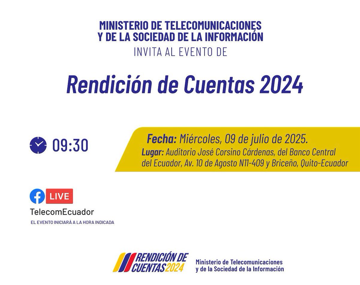Telecom_Ec's tweet photo. 🗓️ ¡Hoy tienes una cita con la transparencia y el compromiso!
Sigue en vivo la Rendición de Cuentas 2024 del @Telecom_Ec y conoce los logros que acercan al país a una verdadera transformación digital.

📲 Conéctate aquí 👉  https://t.co/AgKNHV5Rl1

#RendiciónDeCuentas2024 https://t.co/29aqbf6C06