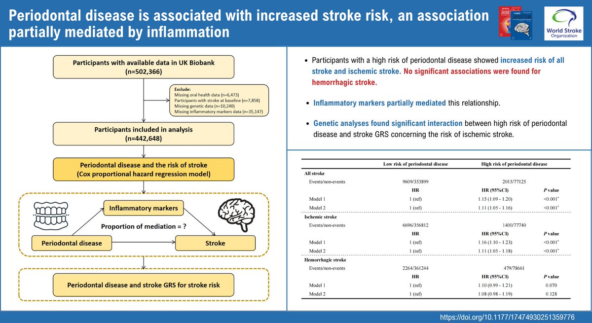 Just Accepted!
🧠 📈 Study finds association between high periodontal disease risk and increased stroke risk
         👉 Association partially mediated by inflammatory markers
         👉 Interaction with genetic risk factors

Read more here!👇
journals.sagepub.com/doi/abs/10.117…