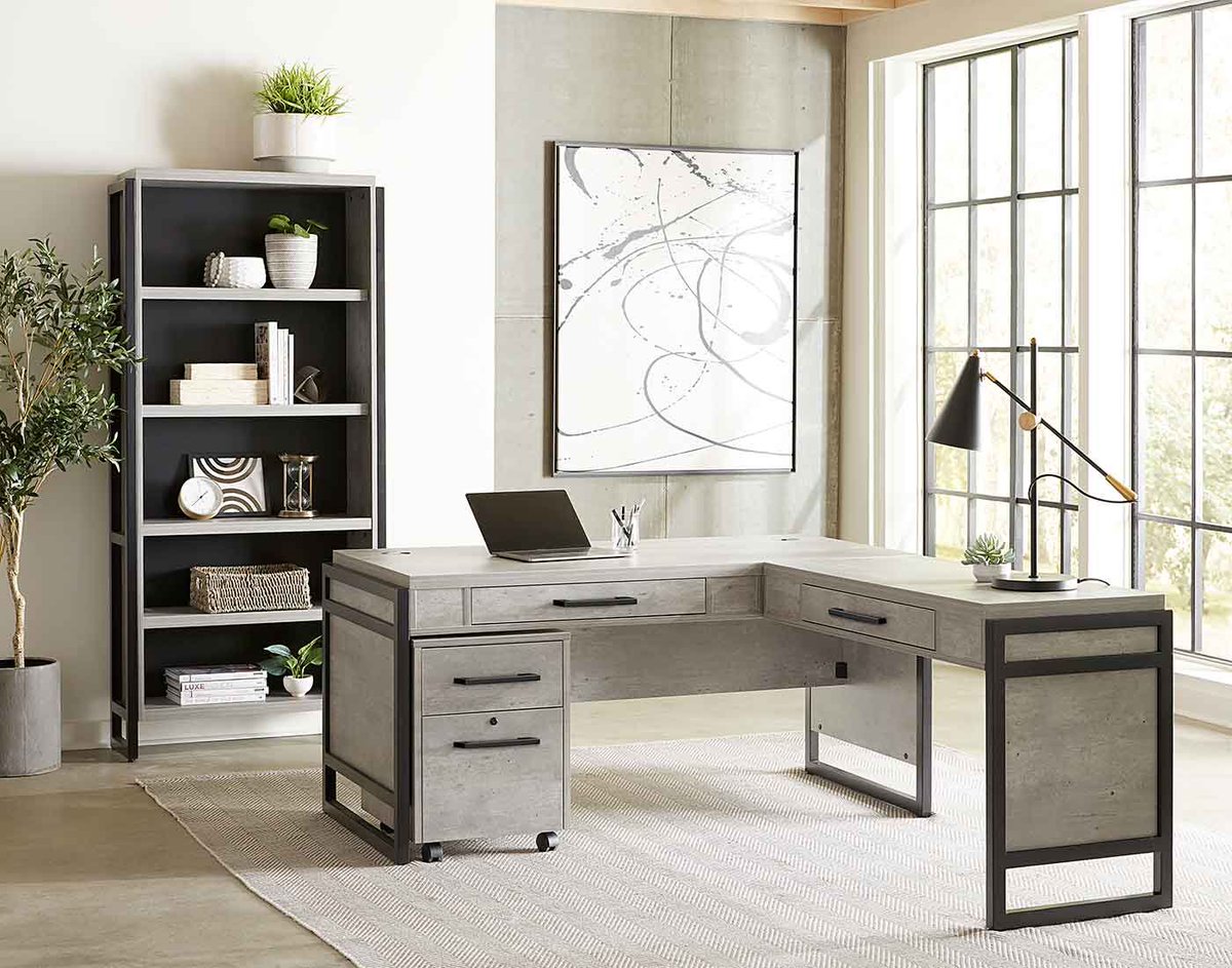 Redefine your workspace with the bold, contemporary aesthetic of the #MasonOfficeCollection. This concrete-look thermal fused laminate finish offers the raw, urban appeal of concrete with the practicality and resilience needed for everyday use. 
#martinfurniture
#freshdesigns