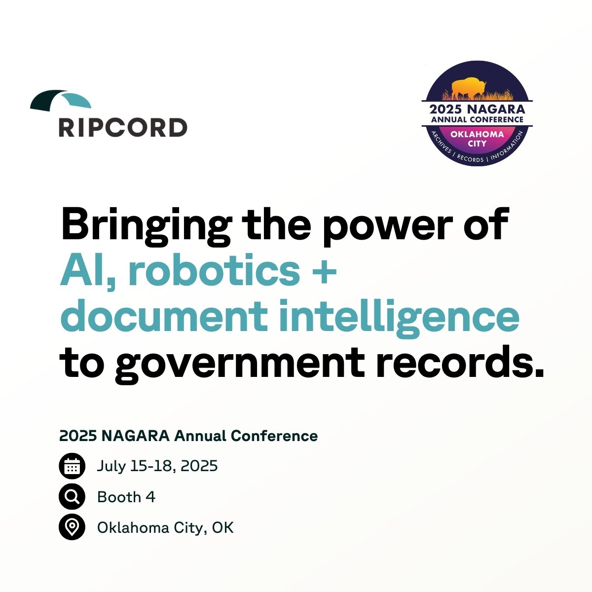 Ripcord (@getripcord) on Twitter photo We're less than a week away from #NAGARA2025! 🚨 ⏳
Join us and learn how Ripcord is bringing AI, robotics, and document intelligence to government #RecordsManagement.
Smarter records. Faster access. Real results. Only with Ripcord.
🔗 Sneak peek → bit.ly/44CwA14 We're less than a week away from #NAGARA2025! 🚨 ⏳
Join us and learn how Ripcord is bringing AI, robotics, and document intelligence to government #RecordsManagement.
Smarter records. Faster access. Real results. Only with Ripcord.
🔗 Sneak peek → bit.ly/44CwA14