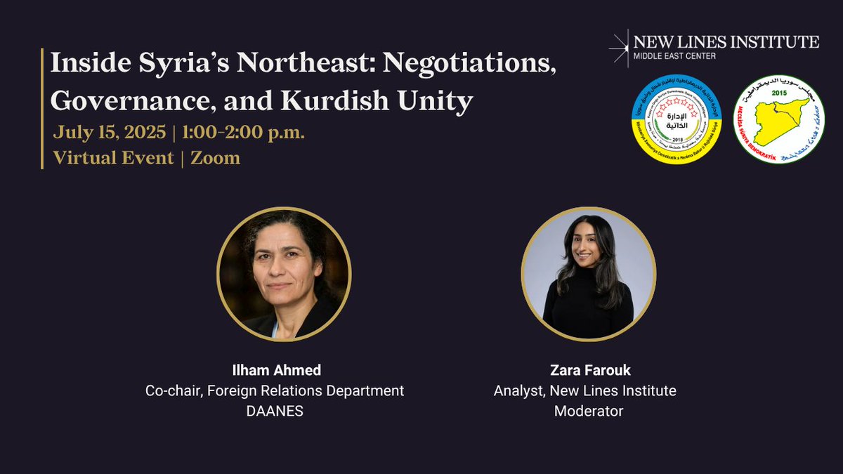 NewlinesInst's tweet image. 📢 Join us July 15 for a timely conversation with Ilham Ahmed (@ElhamAhmadSDC) on governance, negotiations, and Kurdish unity in NE Syria.
Register here: bit.ly/40ap8ZX
#Syria #Kurdistan #MiddleEast