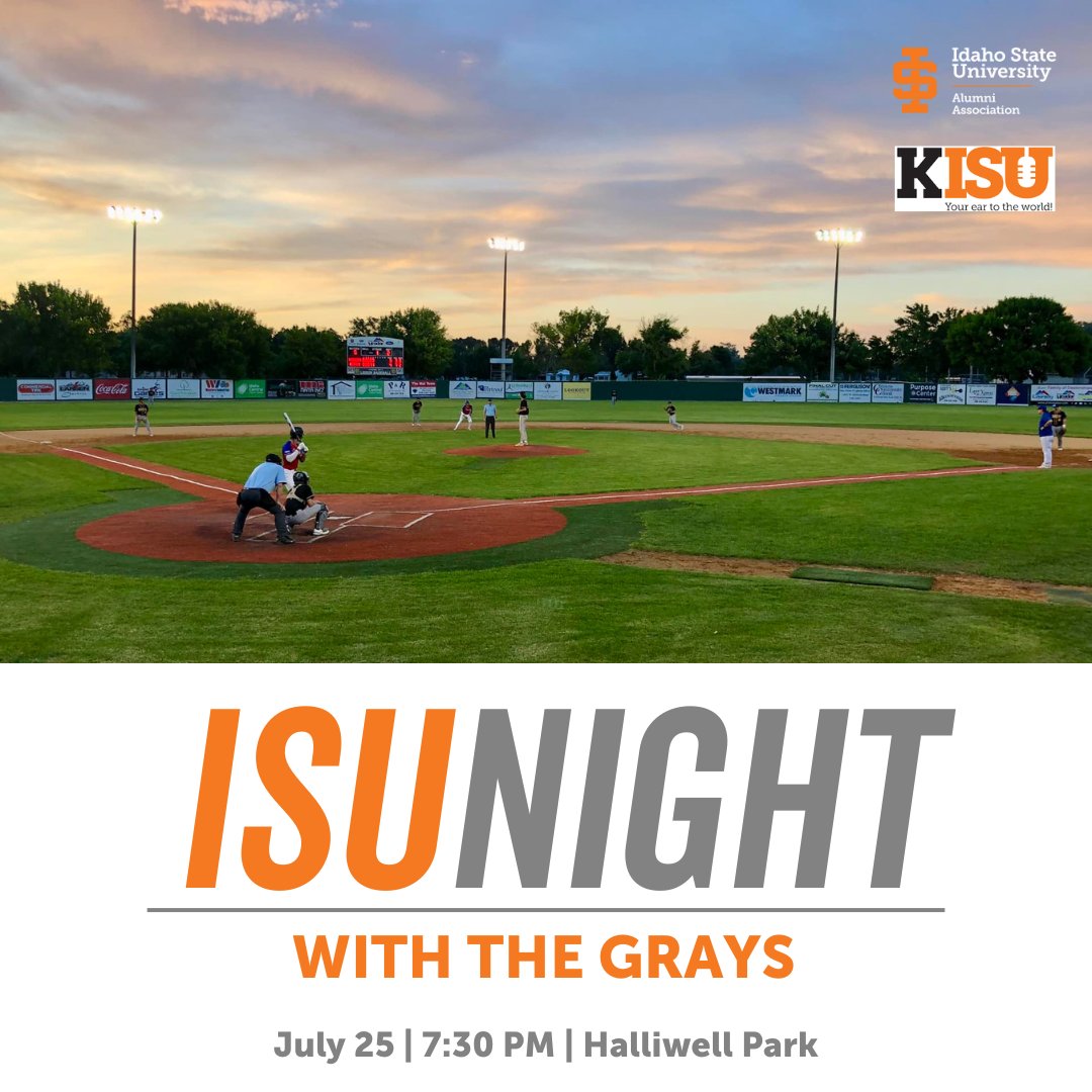 IdahoStateAlum's tweet photo. ⚾️ Join us for KISU/Alumni Night with the Gate City Grays! Tickets $4 advance, $5 at gate. Pick up at 5:05 p.m., first pitch 6:05 p.m. Let’s show that Bengal pride! 🧡🖤 #GoBengals #GoGrays https://t.co/fzwXozVpM8