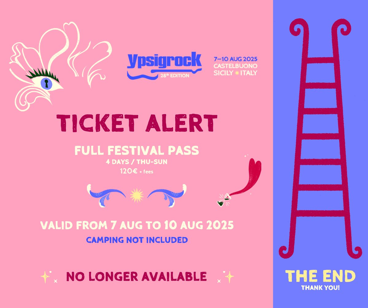#ypsi25 TICKET ALERT
FULL FESTIVAL PASS ❌ NO LONGER AVAILABLE ❌
THANK YOU! 

Il futuro è già nostalgia 💖