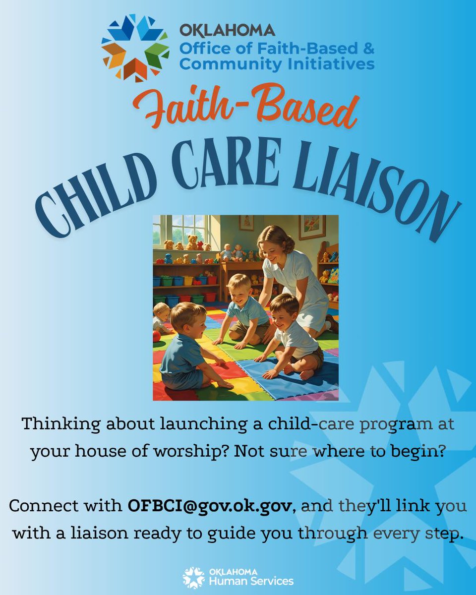 OKDHS's tweet image. Sharing from our friends at OFBCI!
Thinking about starting a child-care program at your house of worship?
We’ll connect you with a dedicated liaison from Oklahoma Human Service Child Care team to walk you through every step.
Message us at OFBCI@gov.ok.gov to get started!
