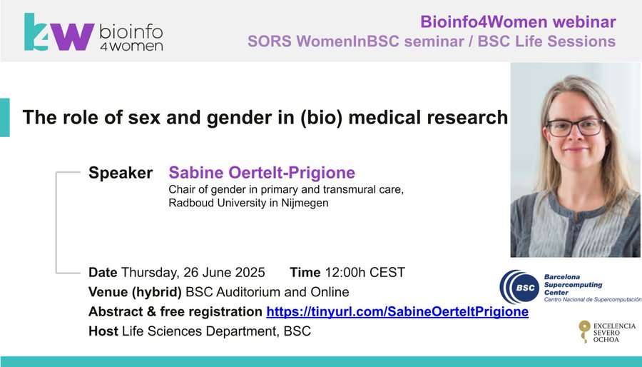 Bioinfo4women's tweet image. If you missed Sabine Oertelt-Prigione's webinar about the role of sex and gender in biomedical research, you can watch it again in our playlist:
📺 youtube.com/watch?v=pLEay-…