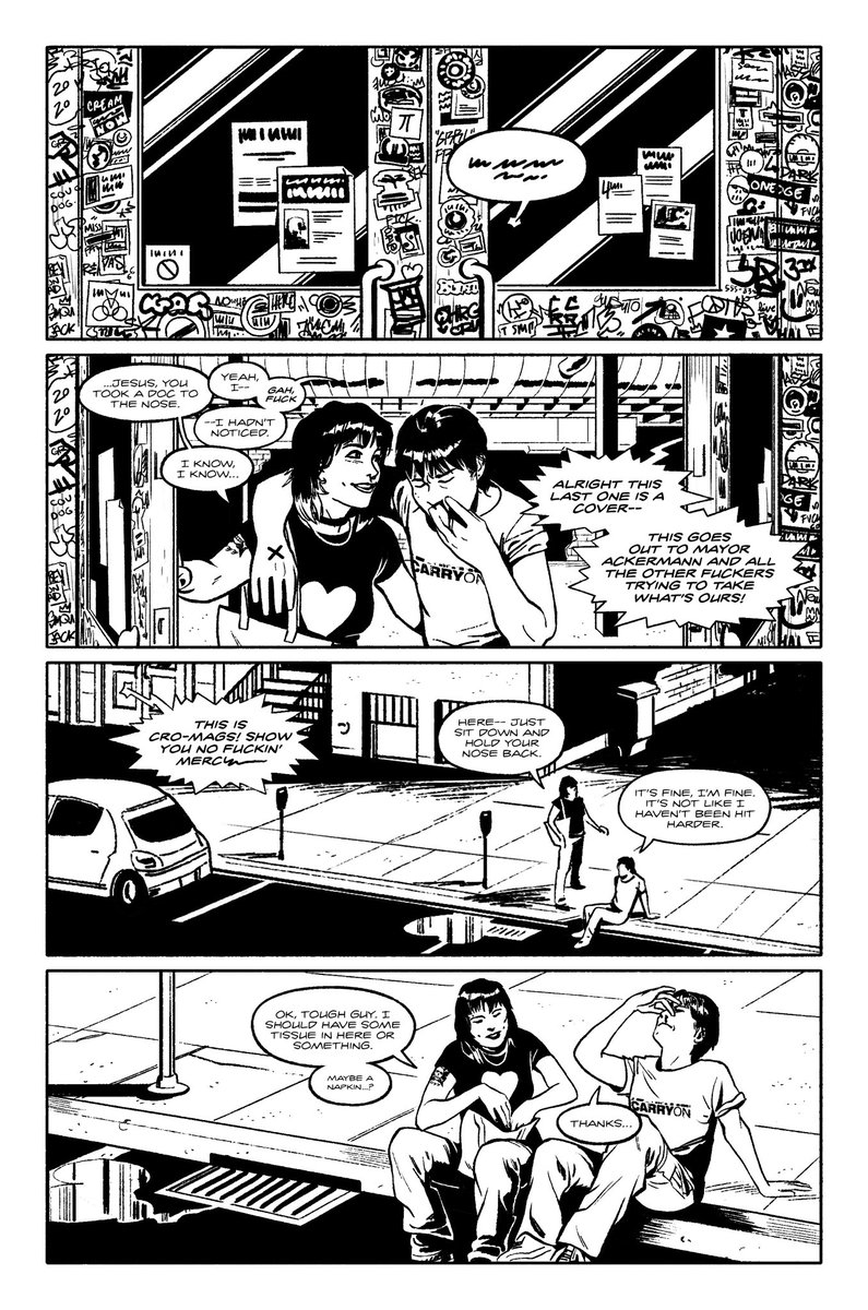 SamRomesburg's tweet image. Back on this hellscape app to say that @sam_r_freeman @vomit_party and I are about to pitch this story idea around for the punk and HC minded. Imagine THE OUTSIDERS meets LOVE AND ROCKETS. Would you read it? (Listen to Carry On)