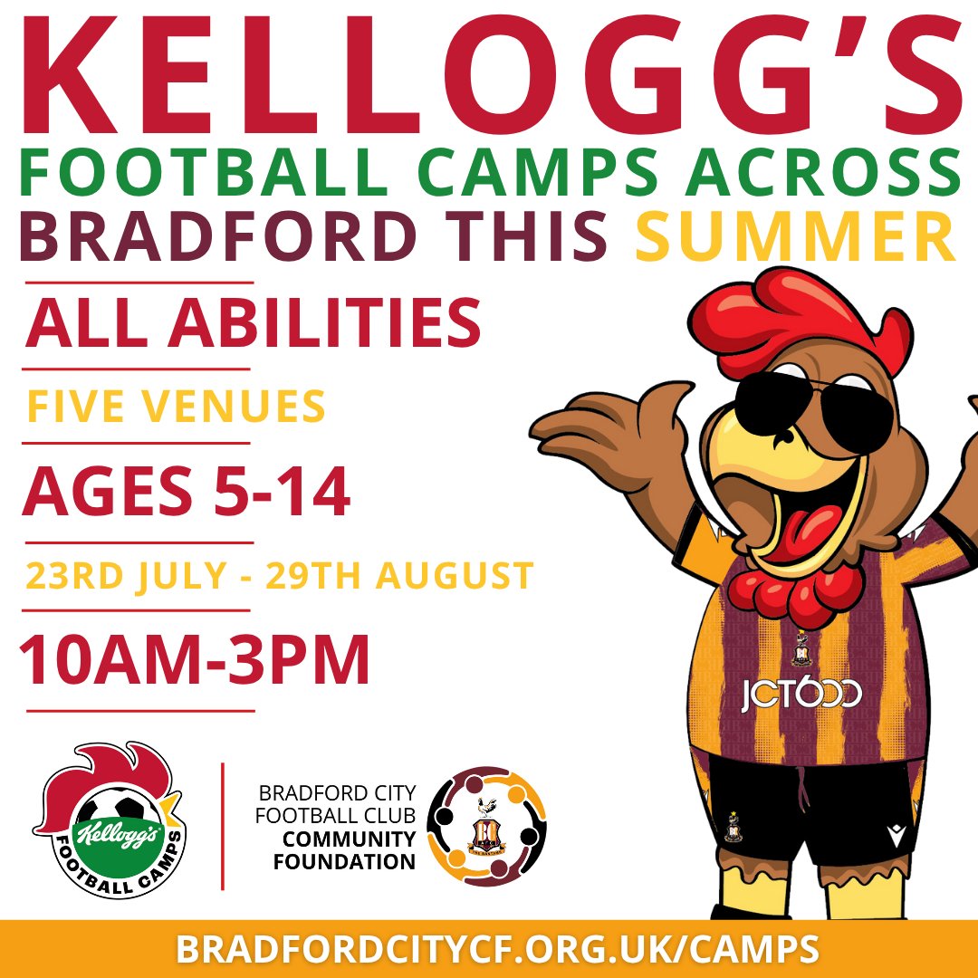 bcafc_cf's tweet image. 🐔 | #FootballCamps
Summer's about to kick off with our @KelloggsUKI football camps 🥳
Our world-famous football camps start in just 2⃣ weeks 📅
Five weeks, six venues, right across #Bradford 👇
Book right here: bradfordcitycf.org.uk/camps
#BCAFC