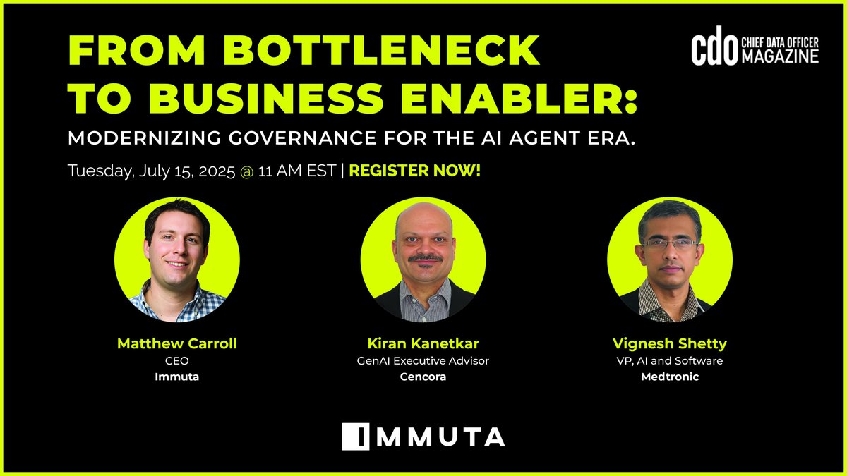 🚨AI agents are reshaping how data is accessed + governed.

Is your org ready?

Join leaders from Cencora, Medtronic + Immuta to learn how to modernize governance without slowing innovation.

🗓️ July 15 | 🕚 11AM ET

 🔗 hubs.ly/Q03wnPWn0

#AI #DataGovernance #AIAgents