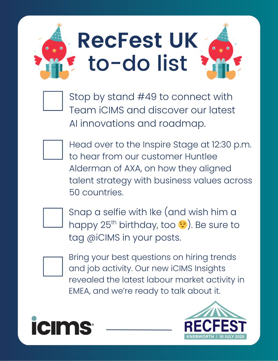 iCIMS (@icims) on Twitter photo The day is (almost) here 🤩 It’s your last call for <a href="/RecFest/">Resistencia en las c</a> UK!
Don’t worry, last-minute packers (it’s okay we’ve all been there). We created a RecFest to-do list below. 👇
Who’s ready?! 🙋♀️🙋♂️Drop a comment below if we can expect to see you there. The day is (almost) here 🤩 It’s your last call for <a href="/RecFest/">Resistencia en las c</a> UK!
Don’t worry, last-minute packers (it’s okay we’ve all been there). We created a RecFest to-do list below. 👇
Who’s ready?! 🙋♀️🙋♂️Drop a comment below if we can expect to see you there.