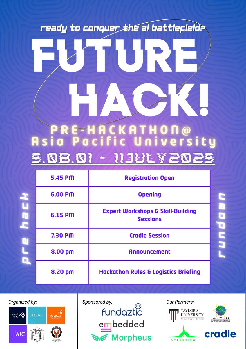 apuaic's tweet photo. 🚀 https://t.co/BVMHZFKJKX participants! Don’t miss the Pre-Hackathon session where we reveal the problem statement &amp; kick off with mentor guidance!
📅 11 July 2025
🕔 5:45PM
📍 S-08-01, APU
Scan the QR code to join!
#FUTUREHACK #Hackathon #APU #TechInnovation https://t.co/I8hakKSgtg