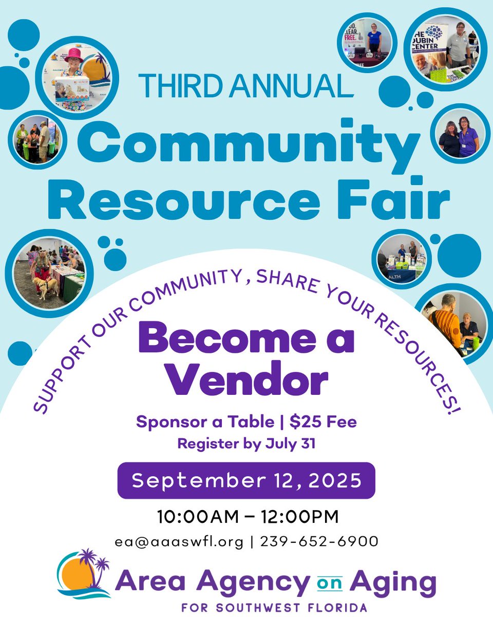 AAAswfl's tweet image. 🌟 VENDOR DEADLINE APPROACHING!🌟Be a part of this impactful event by sponsoring a vendor table for just $25—share resources, connect with neighbors, and support healthy aging across our region.
🗓️ Register by July 31📧 ea@aaaswfl.org | 📞 239-652-6900
#SWFL #OutreachMatters