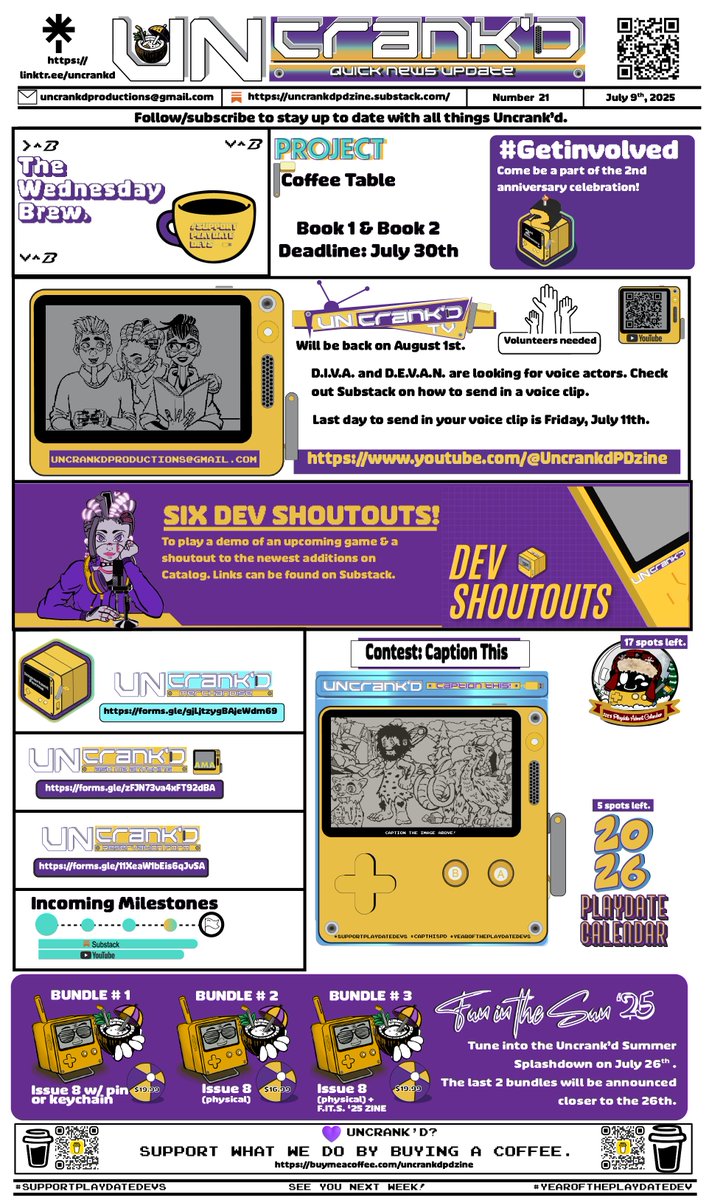 UncrankdPD's tweet image. What's brewing this week? Last call for a voice acting opportunity; Playdate Projects deadlines are right around the corner, dev shoutouts, F.I.T.S. bundle number 3, & July's Caption This contest.
uncrankdpdzine.substack.com