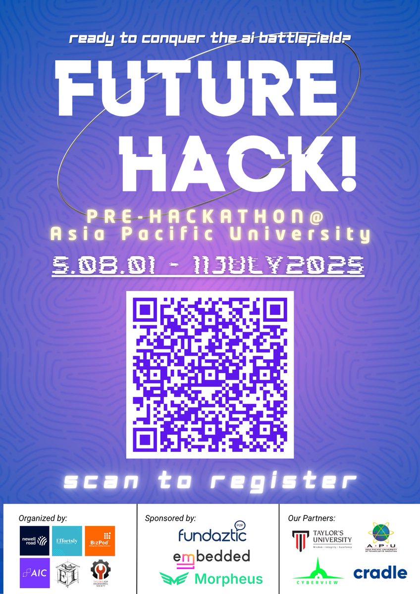 🚀 FUTUREHACK.DEV participants! Don’t miss the Pre-Hackathon session where we reveal the problem statement &amp; kick off with mentor guidance!
📅 11 July 2025
🕔 5:45PM
📍 S-08-01, APU
Scan the QR code to join!
#FUTUREHACK #Hackathon #APU #TechInnovation