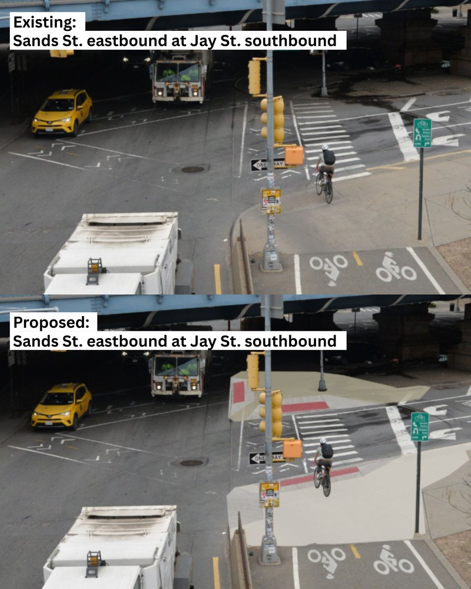 NYC_DOT's tweet image. Starting this summer, NYC DOT will implement safety improvements on Jay St and Sands St in #Brooklyn. This work will:
✅Improve visibility
🚘Reduce speeding
👨🦯Create safer, shorter pedestrian crossings
🚴♂️Improve #BikeNYC access