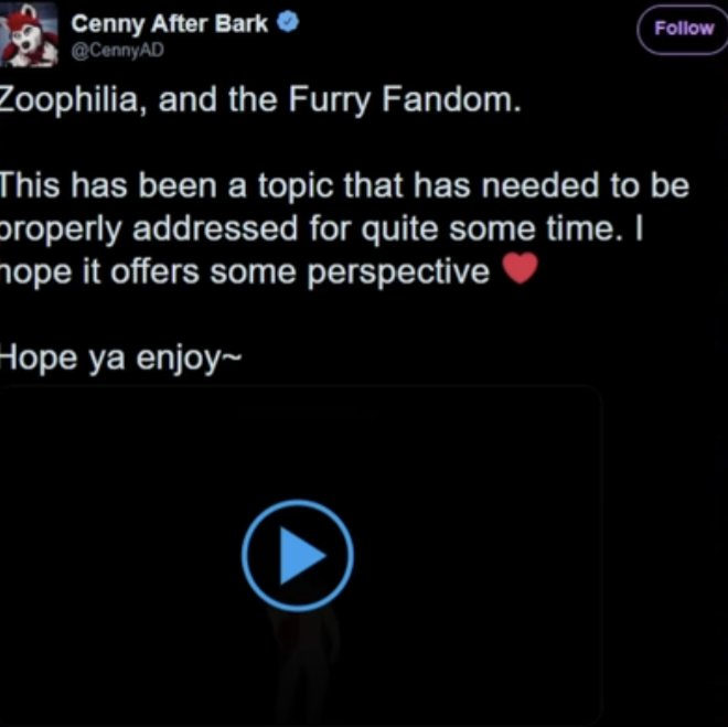 Every few days there is a popular anti Boof post, but it's like every few months between people bringing up that Cenny, the zoophile advocate who made /that/ Twitter video, still has *30k* followers. But Cenny makes NSFW porn content so it's ok :))

There are many others