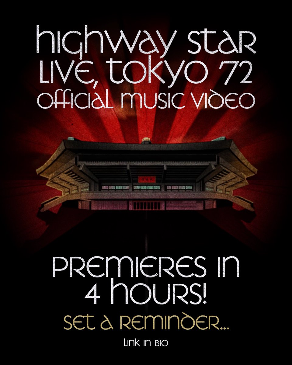_DeepPurple's tweet image. The Highway Star Live, Tokyo ’72 Official Music Video drops in 4 hours time. Set a reminder so you don’t miss out! Link below.
linktr.ee/DeepPurple
//DP WebCrew
#MadeInJapan #DeepPurple #DP50 #MIJ
