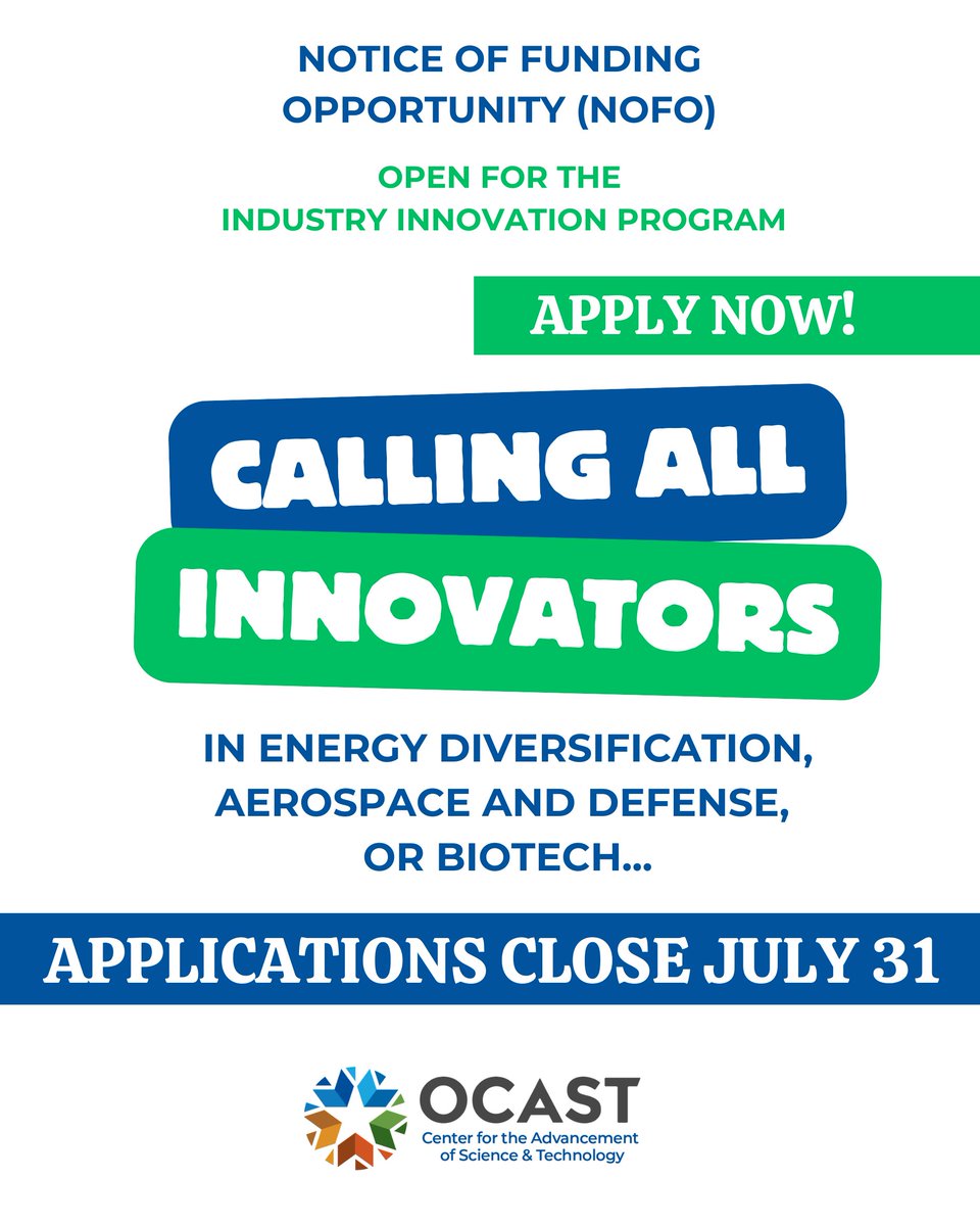 🚨 Apps now open!
Apply for OCAST’s Industry Innovation Program &amp; get up to $500K in funding.

📅 Deadline: July 31
🔗 loom.ly/R_keLBM

#OCAST #FundingOpportunity #IndustryInnovation #InnovationFunding