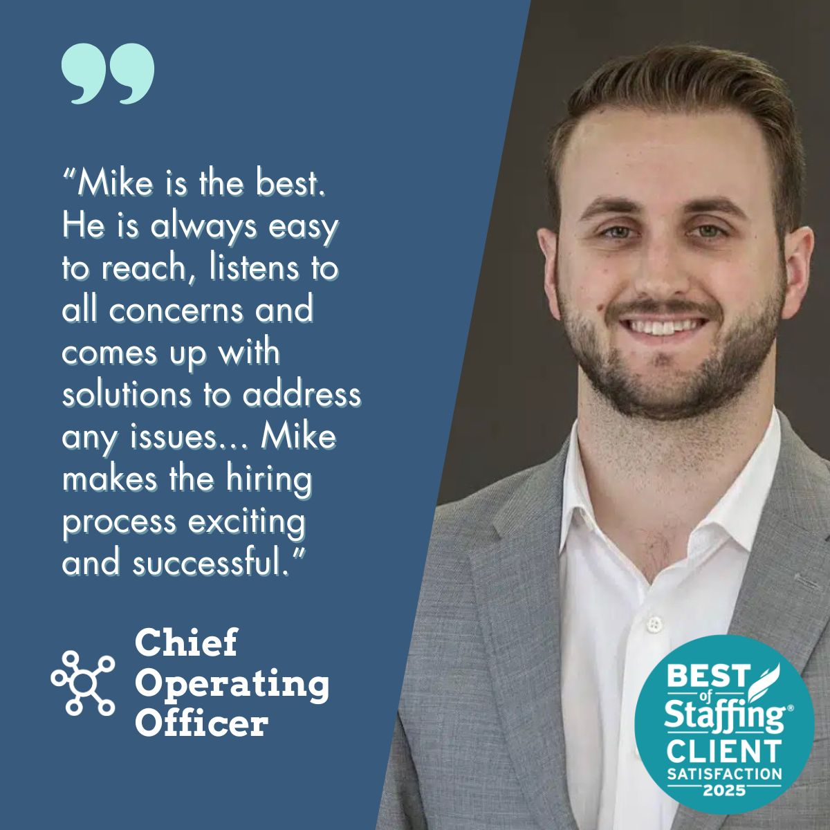 ScibioRecruits's tweet image. A huge shoutout to our Sr. Recruiting Partner, Mike, whose hard work continues to make a lasting impact. Here's what one of our clients had to say.

Thank you to our clients for the trust and partnership.

#BestOfStaffing #ClientSatisfaction #RecruitingExcellence #TeamSpotlight