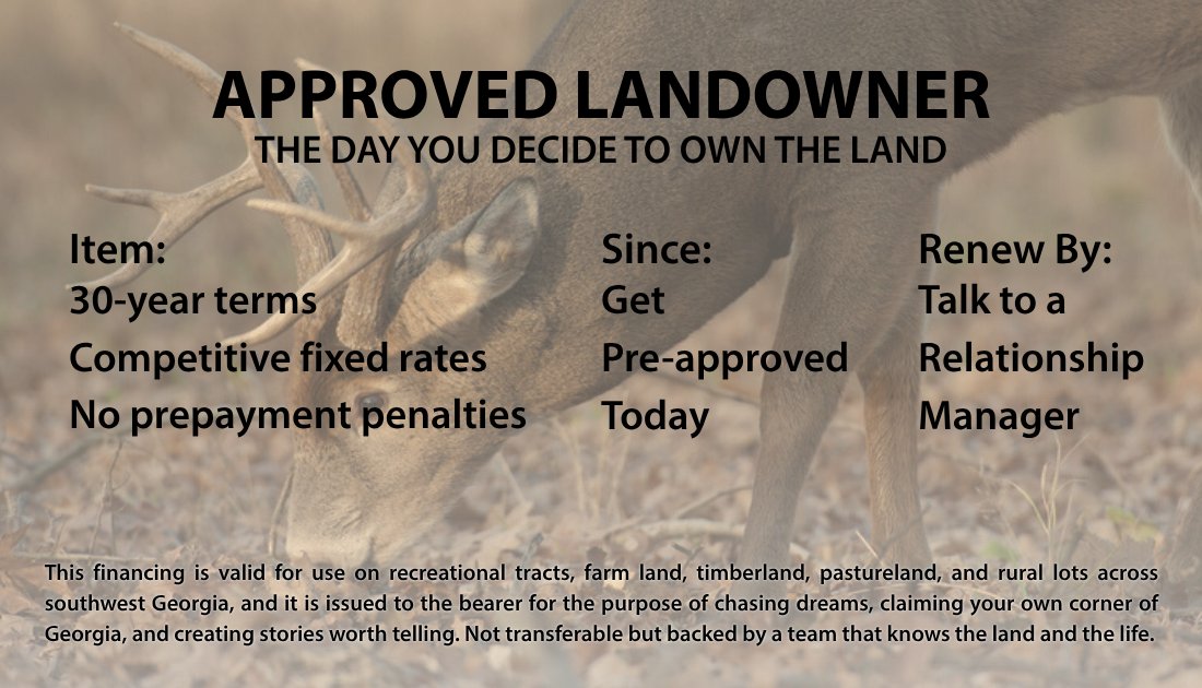 SWGAFarmCredit's tweet photo. No license required to own your own land. Talk to a Relationship Manager today about 30-year financing and get pre-approved! 📲 Call Allen Corbin at 229-220-1291 https://t.co/6VmNTnamcH