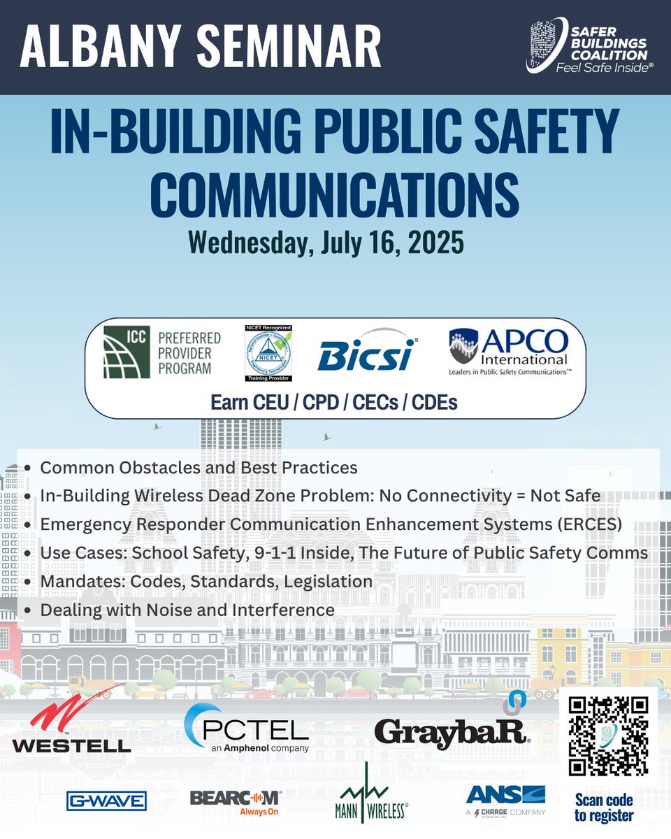 Albany, join us July 16 for our In-Building Public Safety Communications Seminar.
✅ Code updates
✅ Real-world solutions
✅ Networking
✅ Earn CEU / CPD / CECs / CDEs

🔗 hubs.ly/Q03rWY350

#PublicSafety #WirelessComms #AlbanySeminar #SaferBuildings