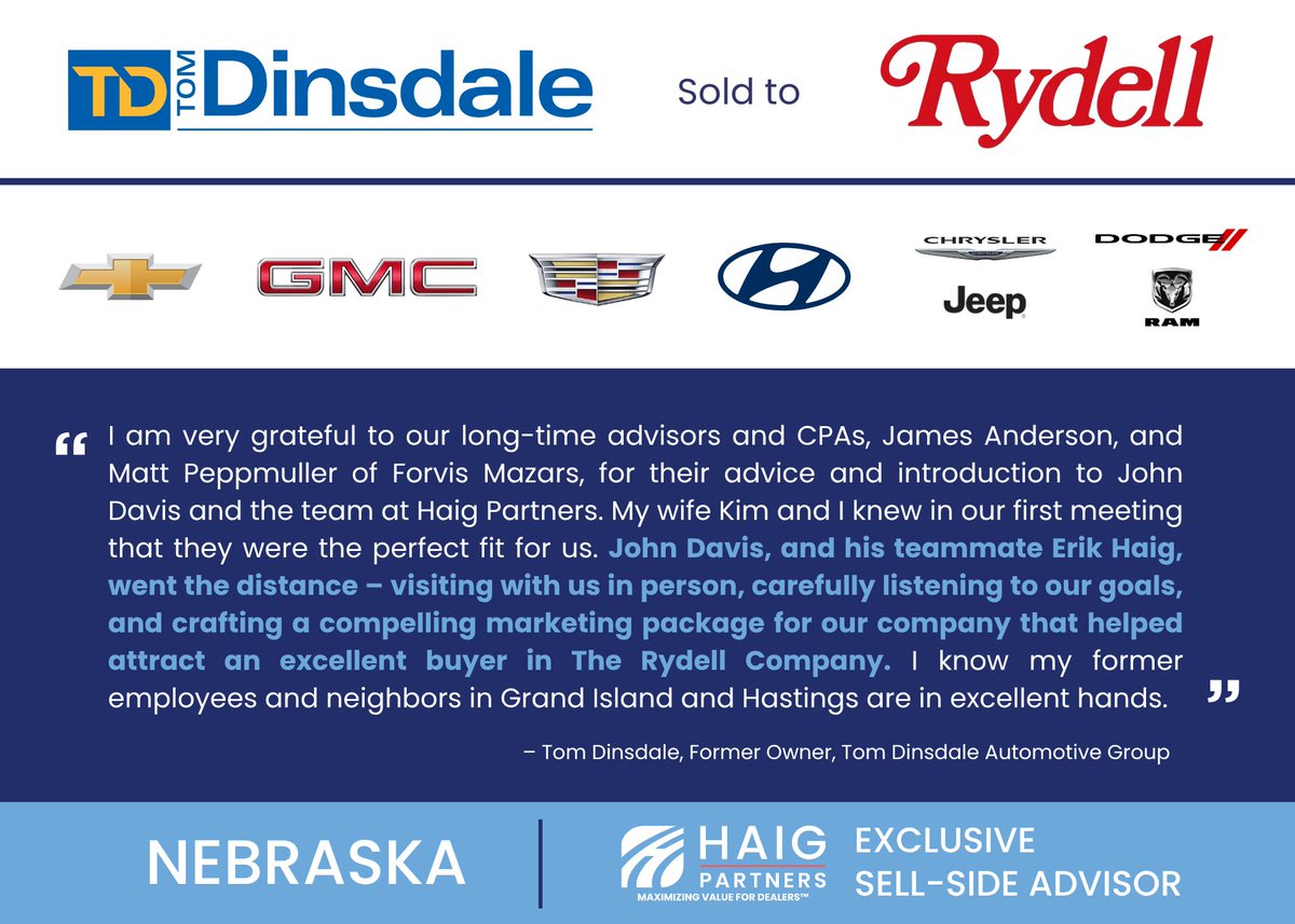 Transaction Announcement: Tom Dinsdale Automotive Sold in NE
Tom and Kim Dinsdale have sold their Nebraska dealerships after 20+ years of community leadership. Haig Partners served as exclusive advisor. This marks our 28th dealership sold in 2025.
hubs.la/Q03wslZY0