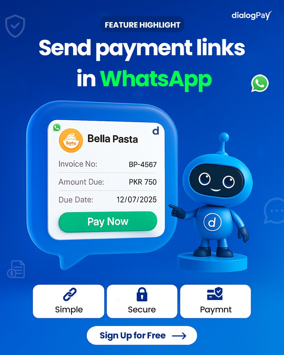 DialogPay's tweet photo. Send payment links right inside WhatsApp.
No forms. No redirects. Just tap, pay, done.

Simple. Secure. Smart.
Only with DialogPay.

#DialogPay #WhatsAppPayments #FintechSimplified https://t.co/hyrFQbMaOb