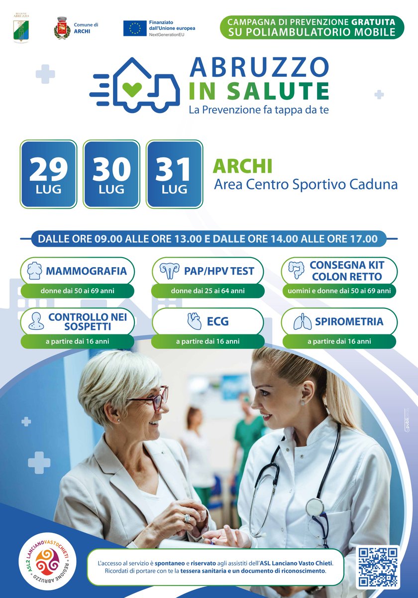 🔵 CASA DELLA #SALUTE MOBILE AD #ARCHI – il 29, 30 e 31 luglio 2025
🕘 Ore 9-13 e 14-17

📌
- #Mammografia
- Pap-test / HPV-test
- Consegna kit per #screening colon retto
- Controllo di un #neo sospetto
- Elettrocardiogramma (#ECG)
- #Spirometria

🔗 Info: asl2abruzzo.it/casa-della-sal…