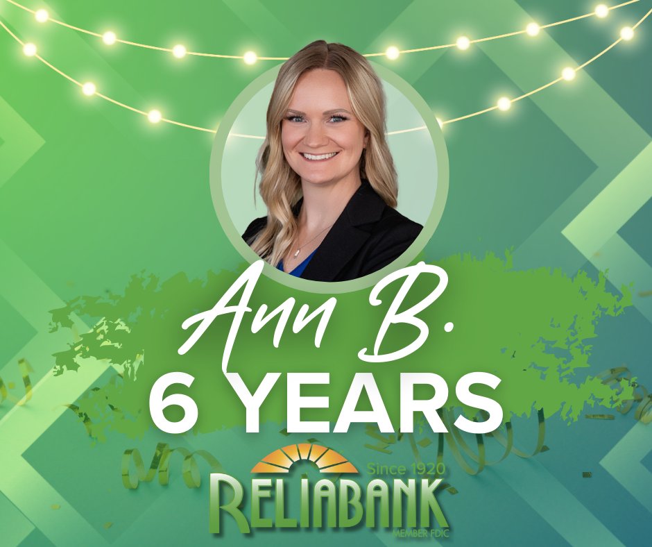 Congratulations on your 6th anniversary, Ann! Your hard work and passion inspire us every day. Thank you for all you do!
Reliabank | Member FDIC