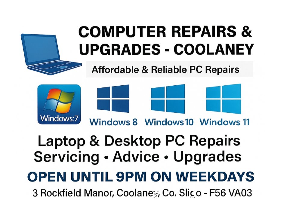 Computer Repairs for the Sligo area since 1998.
PleaseTelephone/WhatsApp Andy on:
087-2991471. 
#Sligo #laptops #repairs #Windows11