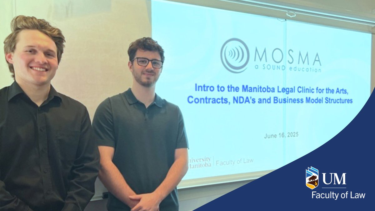 On June 16th 2025, law students from the Faculty of Law’s Manitoba Legal Clinic for the Arts presented to the Mid-Ocean School of Media Arts’ (MOSMA) class of 2025 about a few different areas of the legal world they may encounter over their careers.
news.umanitoba.ca/law-students-c…