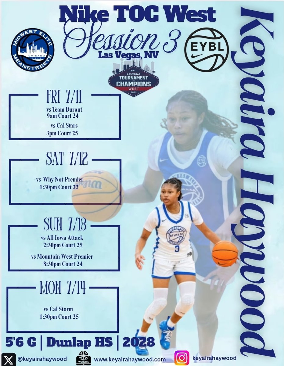 Keyaira Haywood (@keyairahaywood) on Twitter photo I'm super excited for this upcoming weekend! Here's my schedule. Come and check us out!
<a href="/mwehoops_eybl/">Midwest Elite Meanstreets EYBL</a> <a href="/Dunlap_GirlsBB/">Dunlap Girls Basketball</a> <a href="/mikemillsnc/">Mike Mills WBB College Recruiting</a> I'm super excited for this upcoming weekend! Here's my schedule. Come and check us out!
<a href="/mwehoops_eybl/">Midwest Elite Meanstreets EYBL</a> <a href="/Dunlap_GirlsBB/">Dunlap Girls Basketball</a> <a href="/mikemillsnc/">Mike Mills WBB College Recruiting</a>
