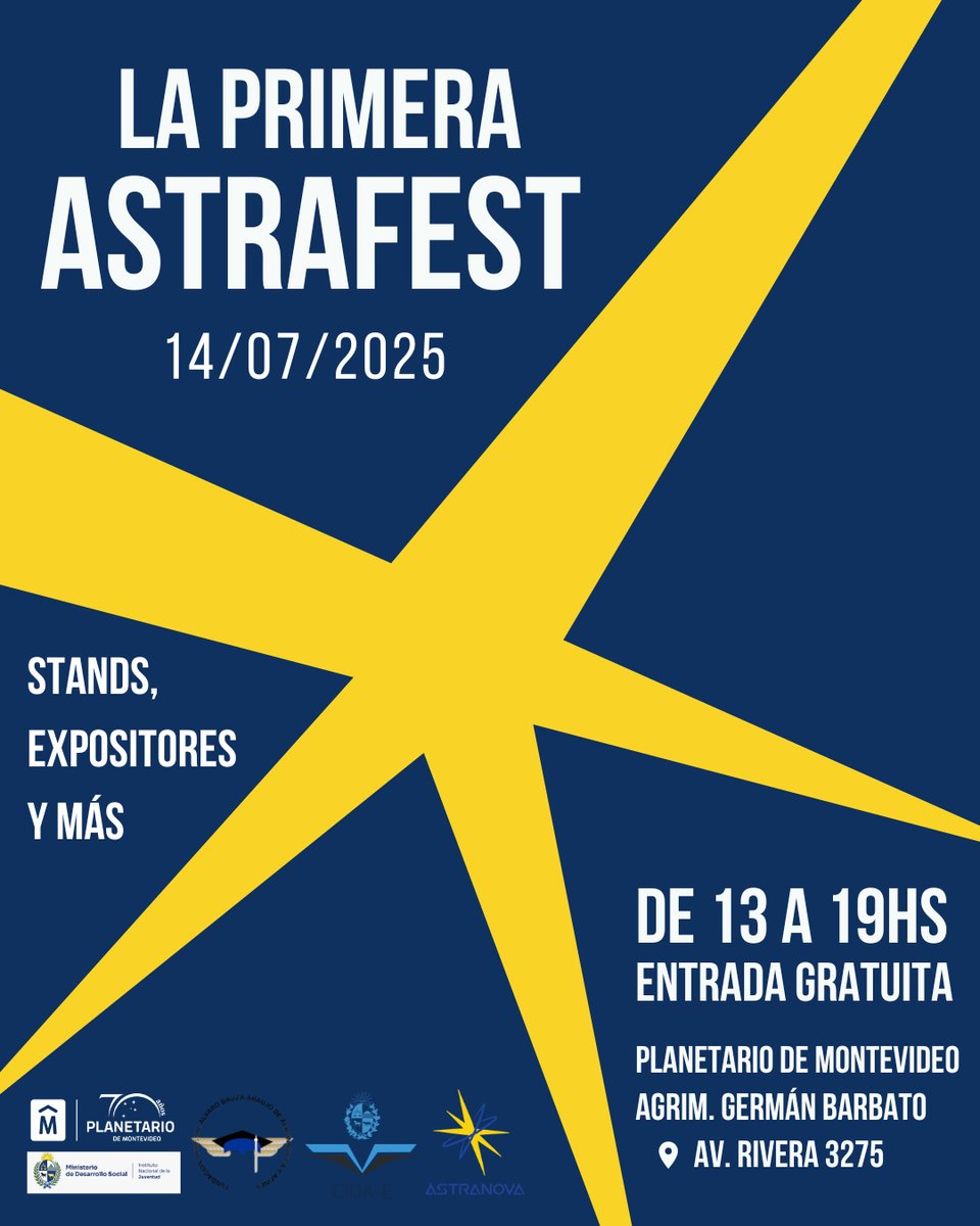 14JUL Astrafest - actividad con entrada gratuita en el <a href="/Planetario_MVD/">Planetario de Montevideo</a>.

Charlas, workshops y stands sobre Astronomía, Ciencia y Tecnología. 

Registrate para las charlas bit.ly/4eCNx01