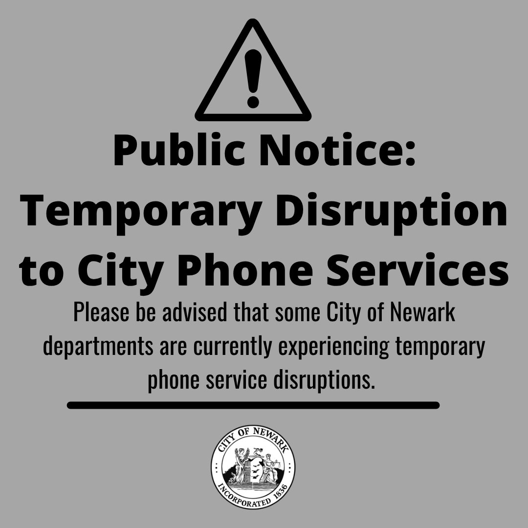 CityofNewarkNJ's tweet image. Public Notice: Temporary Disruption to City Phone Services
Some departments have temporary phone service disruptions. We are actively working with our provider to resolve.
911 is NOT affected by this issue.
Email temporary address for help: citycomplaints@ci.newark.nj.us